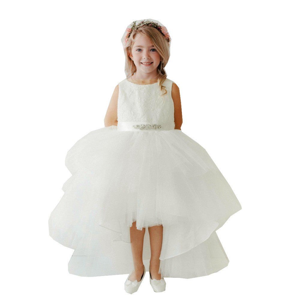 Big Girls Ivory Lace Bodice Beaded Sash Hi-Low Junior Bridesmaid Dress 8-12