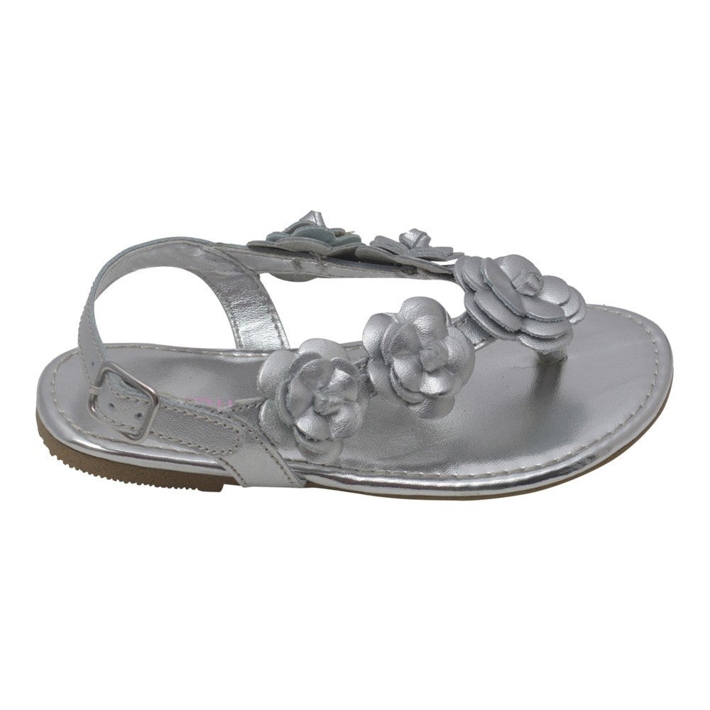Girls Silver Flower Blossom Accent Buckle Thong Sandals 7-10 Toddler