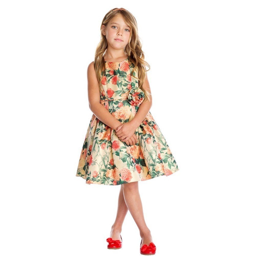 Little Girls Gold Garden Floral Print Elegant Flower Girl Dress 2-6