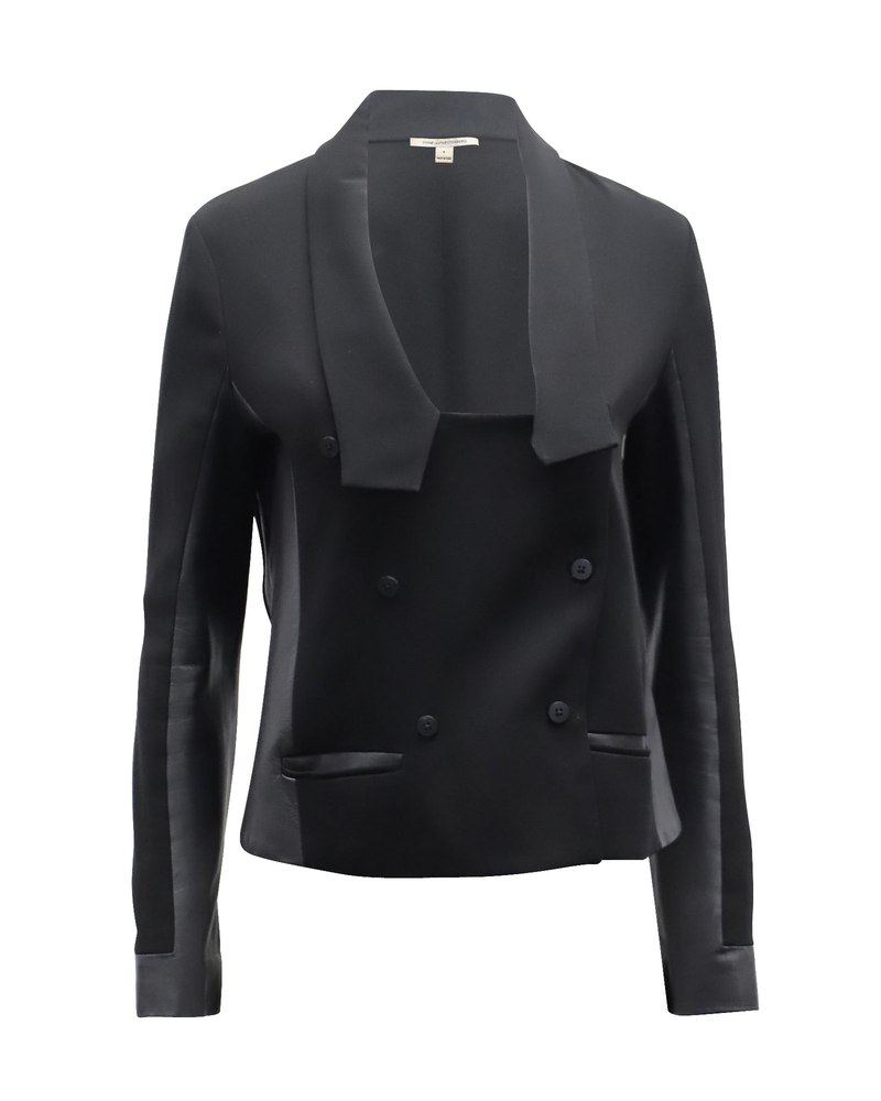 Diane Von Furstenberg Leather-Trimmed Double Breasted Blazer Jacket in Black Triacetate