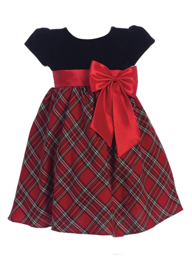 Baby Girls Red Black Velvet Plaid Taffeta Bow Christmas Dress 3-24M