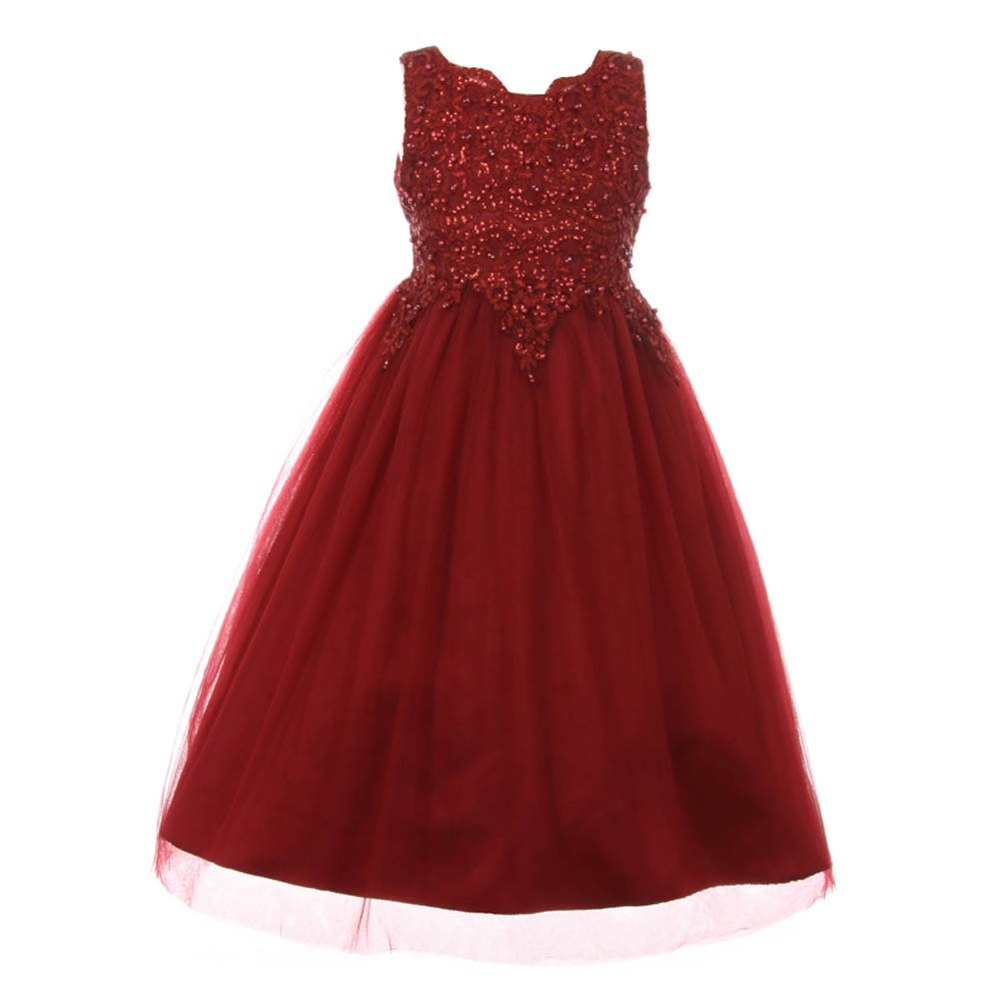 Little Girls Burgundy Pearl Sequin Tulle Satin Sleeveless Flower Girl Dress 4-6
