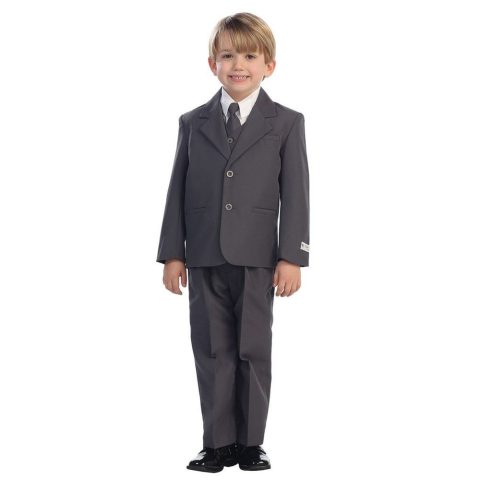 Baby Boys Charcoal Single Breasted Jacket Vest Shirt Tie Pants 5 Pc Suit 6-24M