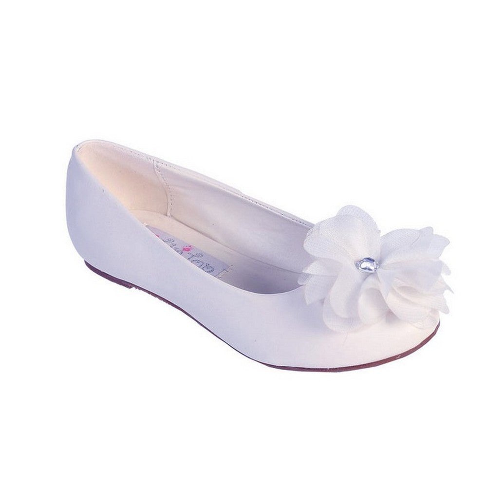 Girls White Chiffon Rhinestone Flower Flats in Sizes 1-4 Kids