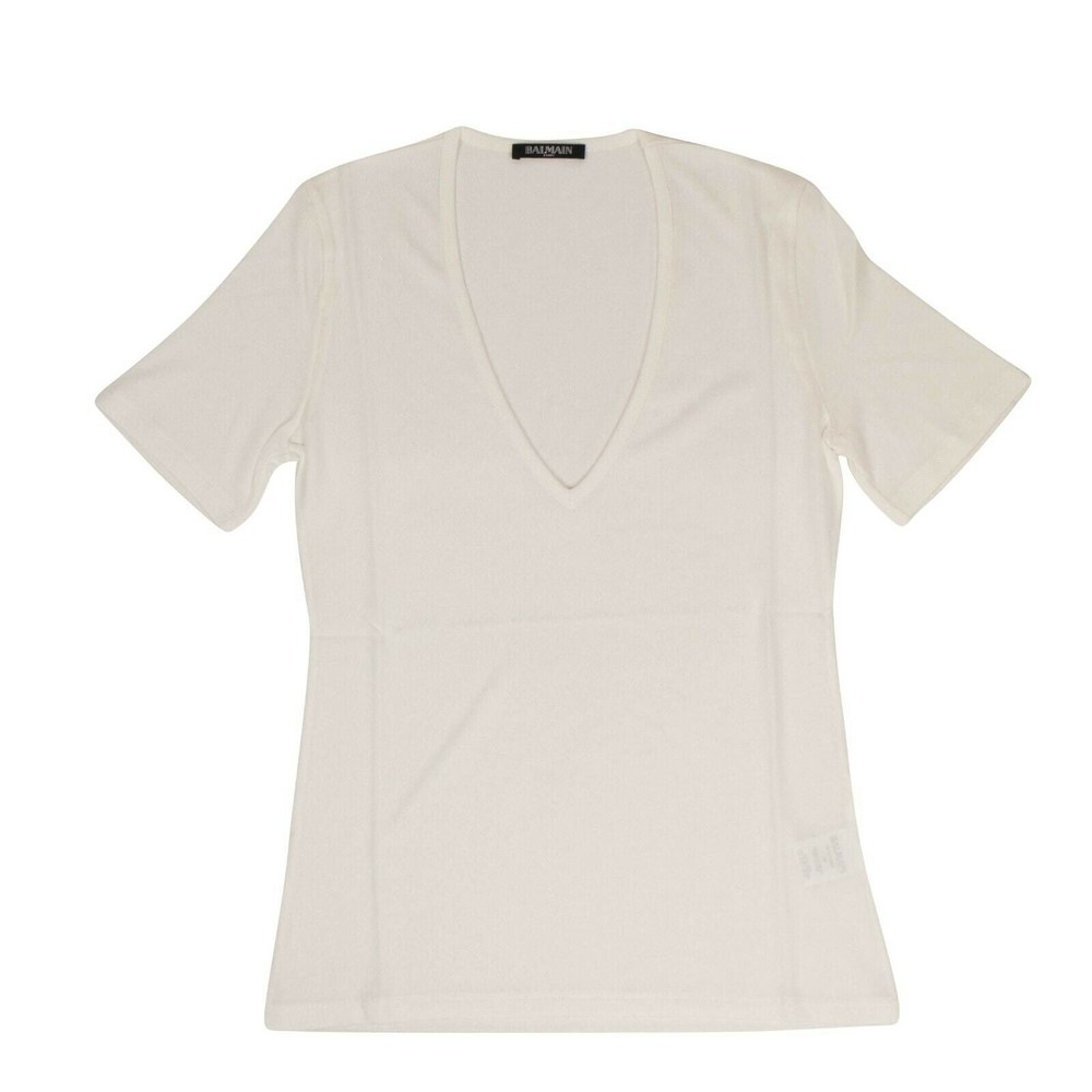 Women’s Short Sleeve Deep V Neck Knit T-Shirt – White