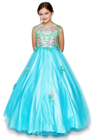 Little Girls Aqua Pink Floral Embroidered Lace Tulle Flower Girl Dress 4-6