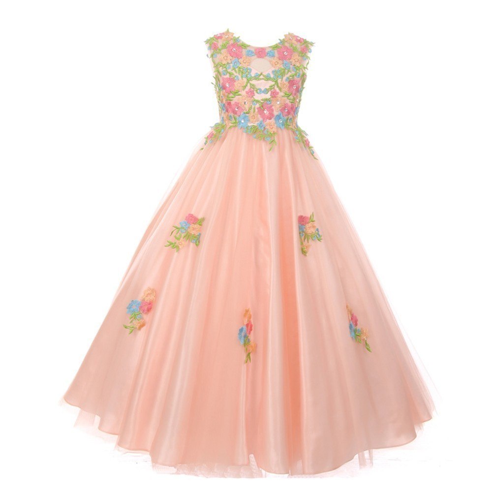 Big Girls Blush Pink Floral Embroidered Lace Tulle Junior Bridesmaid Dress 8-16