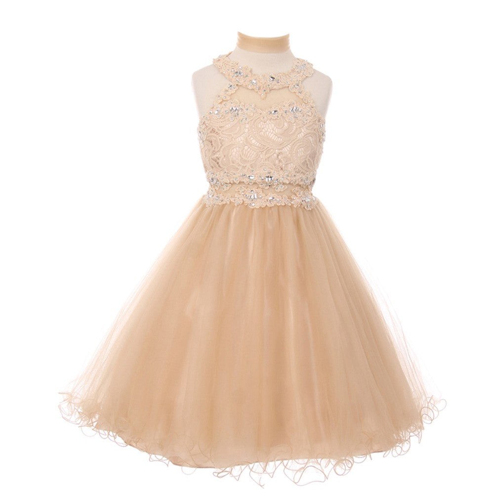 Little Girls Champagne Rhinestone Halter Neck Lace Flower Girl Dress 4-6