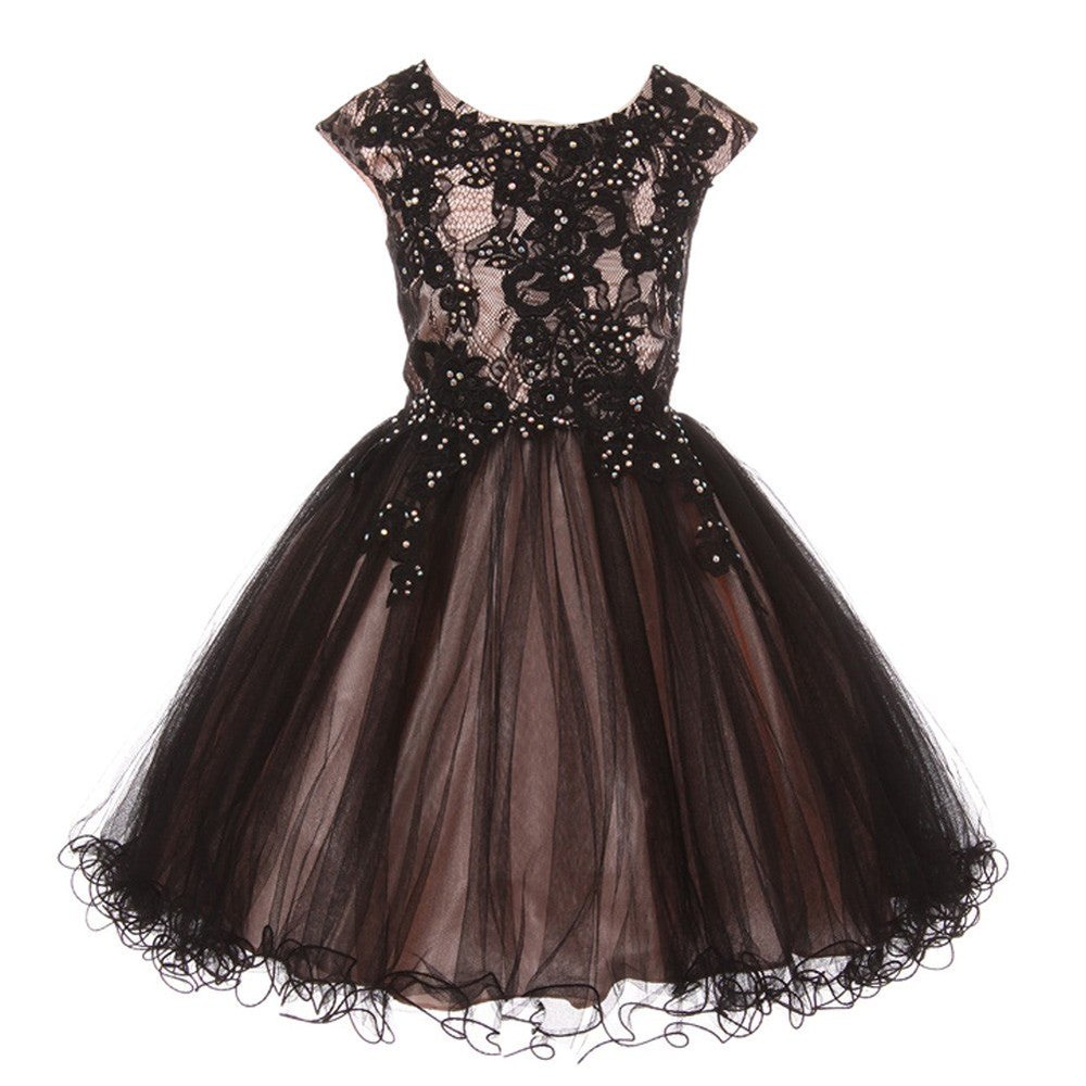 Little Girls Blush Black Rhinestone Embroidered Lace Flower Girl Dress 4-6