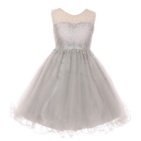Big Girls Silver Sparkling Rhinestone Illusion Tulle Party Formal Dress 8-16