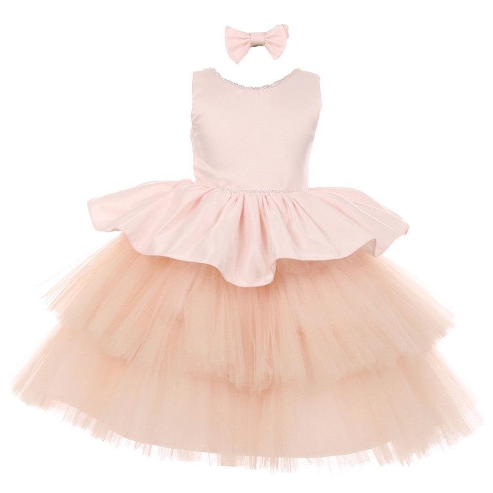 RainKids Little Girls Blush Rhinestone Satin Tulle Party Flower Girl Dress 2-4T