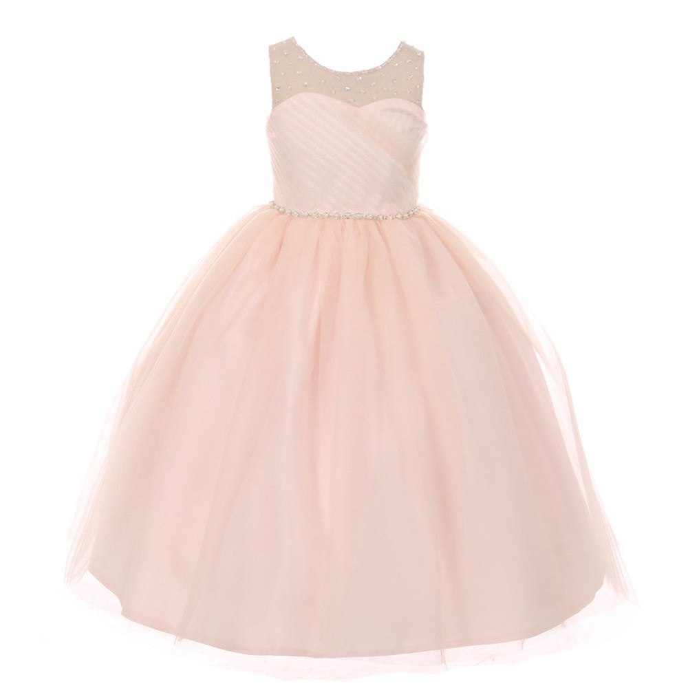 RainKids Little Girls Blush Illusion Pearl Rhinestone Flower Girl Dress 2-6