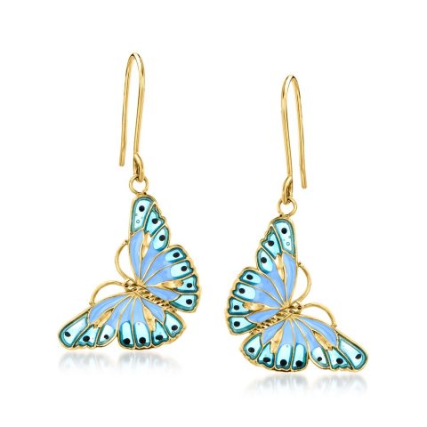 Ross-Simons Italian Tonal Blue Enamel Butterfly Drop Earrings in 14kt Yellow Gold