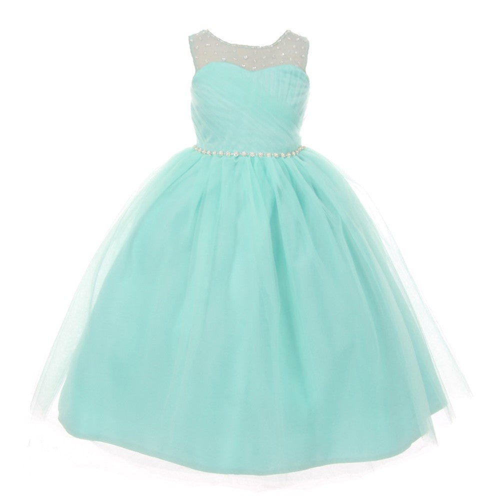 RainKids Little Girls Aqua Illusion Pearl Rhinestone Flower Girl Dress 2-6