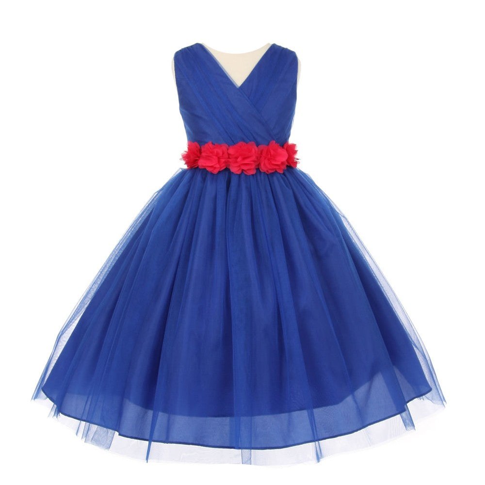 Little Girls Royal Blue Fuchsia Chiffon Floral Sash Tulle Flower Girl Dress 2-6