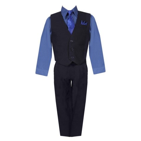 Big Boys Black Navy Shirt Vest Pants Neck Tie Pocket Hanky 5 pcs Suit 8-20