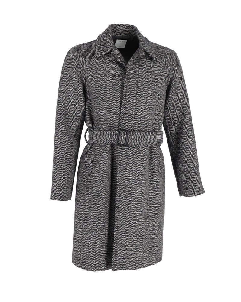 Sandro Paris Herringbone Belted Coat in Grey Wool Blend
