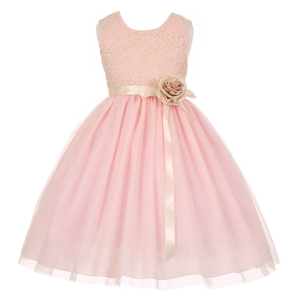 Big Girls Pink Lace Satin Sash Corsage Tulle Junior Bridesmaid Dress 8-14