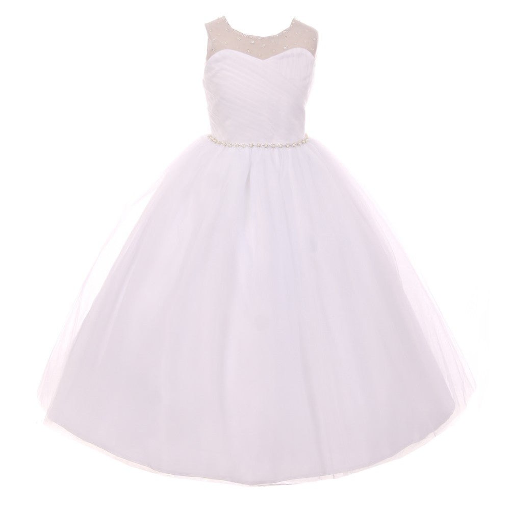 RainKids Little Girls White Pearl Rhinestone Tulle Flower Girl Dress 2-6