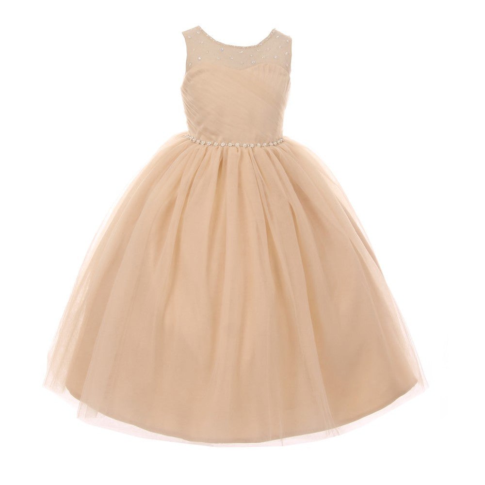 RainKids Little Girls Champagne Pearl Rhinestone Tulle Flower Girl Dress 2-6