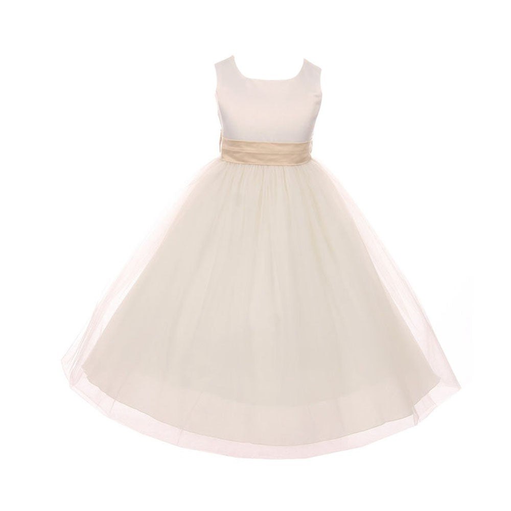 Big Girls Ivory Champagne Satin Sash Bow Junior Bridesmaid Dress 8-14