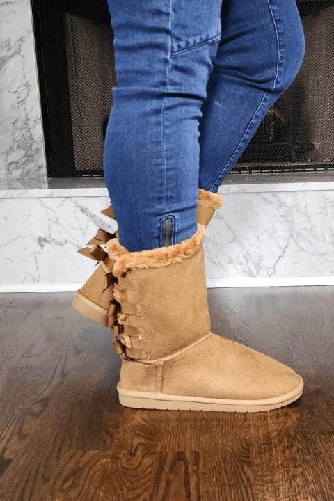 Faux Fur Boots With Bow Tie Detail In Tan