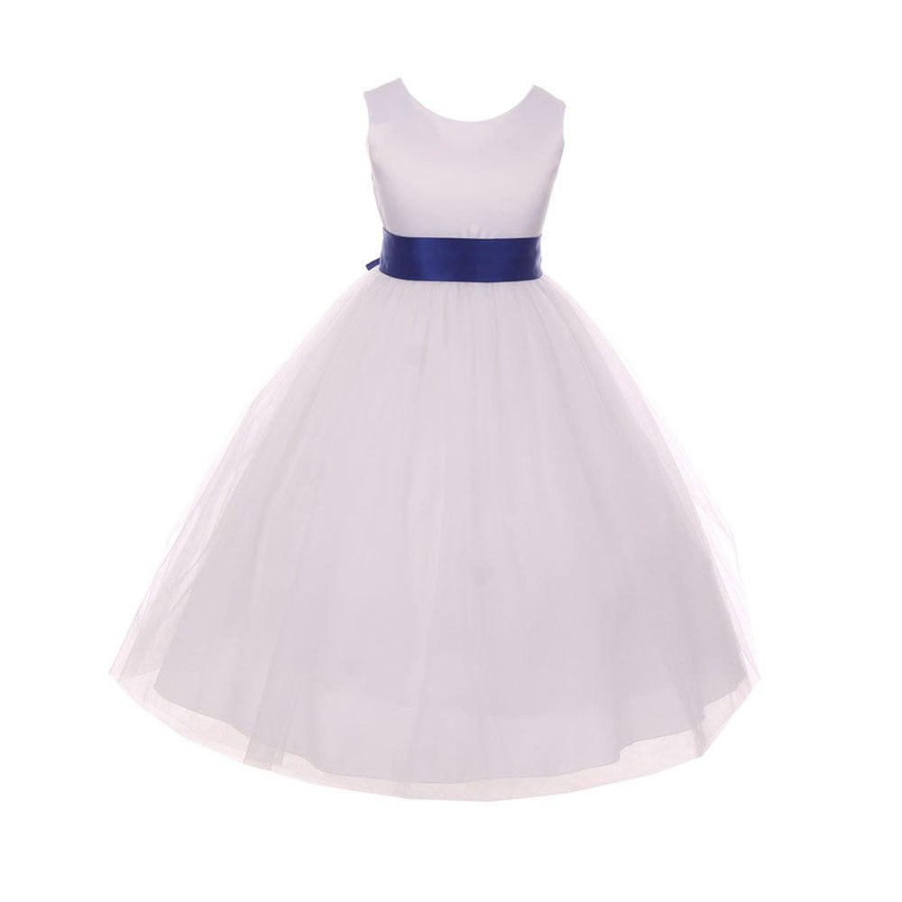 Little Girls White Royal Blue Satin Sash Bow Flower Girl Dress 2-6