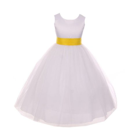 Big Girls White Yellow Satin Sash Bow Junior Bridesmaid Dress 8-14