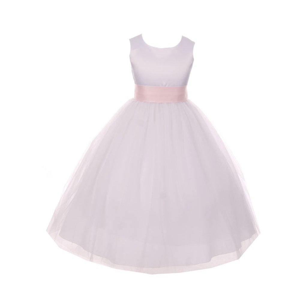 Big Girls White Pink Satin Sash Bow Junior Bridesmaid Dress 8-14