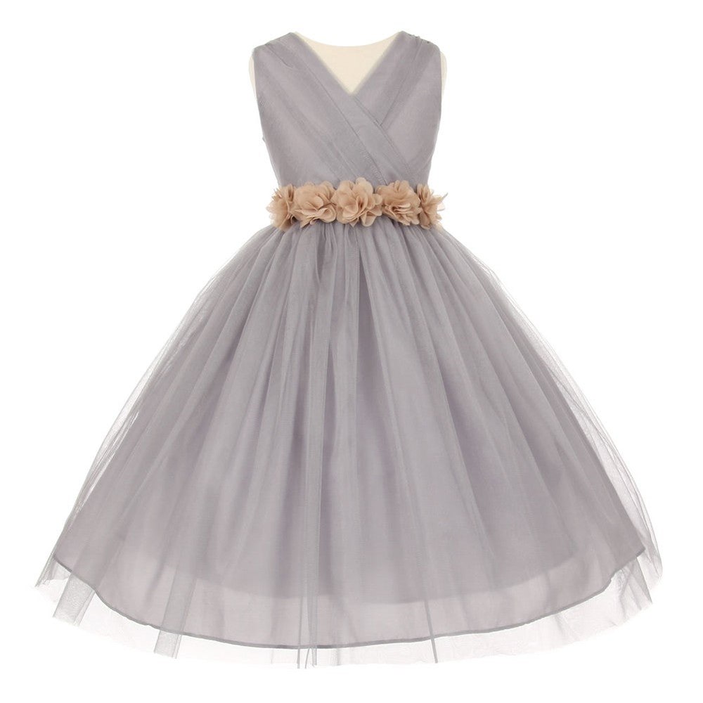 Little Girls Silver Champagne Chiffon Floral Sash Tulle Flower Girl Dress 2-6