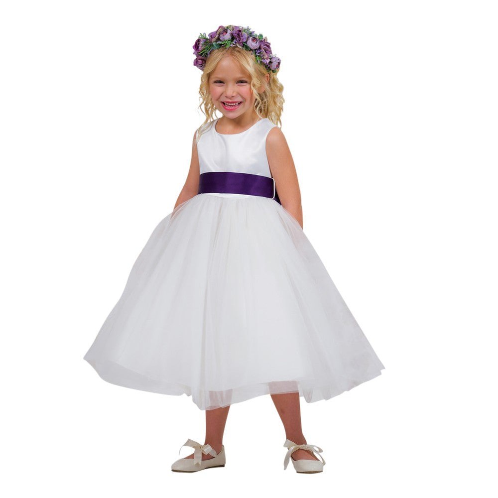 Girls Ivory Eggplant Satin Sash Bow Junior Bridesmaid Dress 2-14