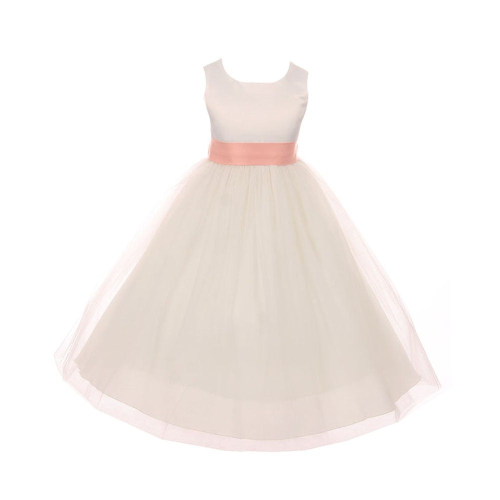 Big Girls Ivory Peach Satin Sash Bow Junior Bridesmaid Dress 8-14