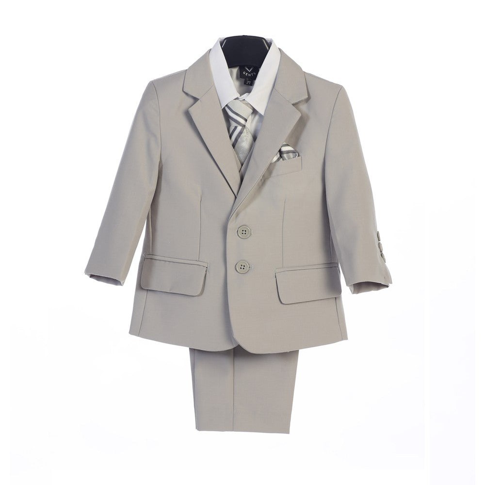 Baby Boys Light Gray Jacket Vest Pocket Square Tie Shirt Pant 5 Pc Suit 6-24M