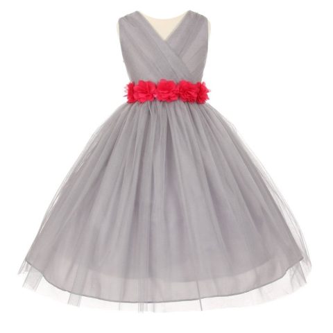 Big Girls Silver Fuchsia Chiffon Flowers Tulle Junior Bridesmaid Dress 8-14