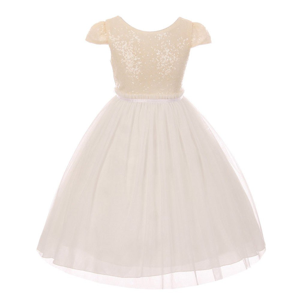 Big Girls Ivory Sequins Tulle Cap Sleeves Junior Bridesmaid Dress 8-12