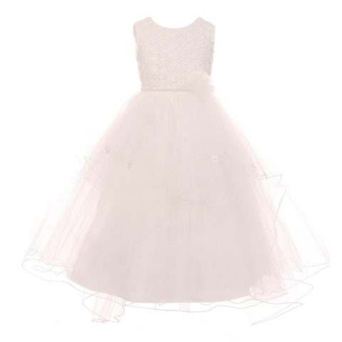 Big Girls Ivory Pearl Flower Adorned Multi Layer Communion Dress 8-16