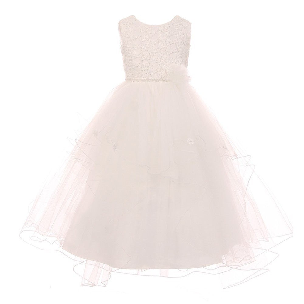 Little Girls Ivory Pearl Flower Adorned Multi Layer Flower Girl Dress 4-6