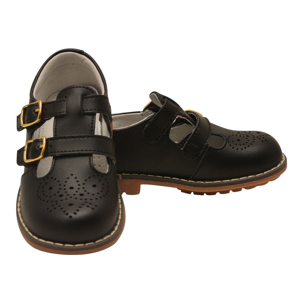 Unisex Black Double T-Strap Buckled Leather Mary Jane Shoes 5 Toddler-2 Kids