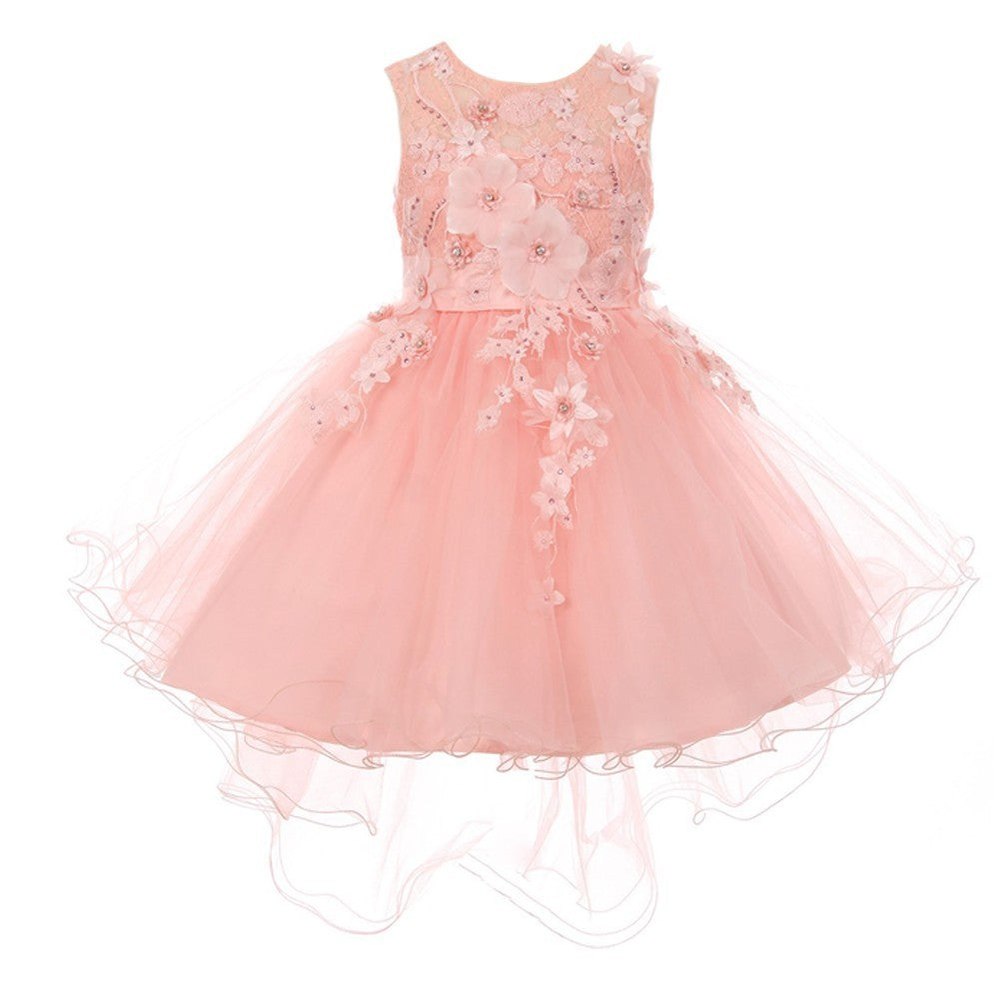 Big Girls Blush 3D Floral Appliques Hi-Low Tulle Junior Bridesmaid Dress 8-12