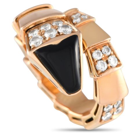 Bvlgari Serpenti 18K Rose Gold Diamond and Onyx Viper Ring BV13-051424