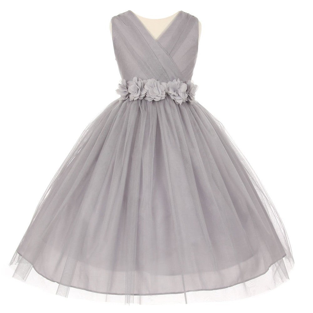 Little Girls Silver Chiffon Floral Sash Shiny Tulle Flower Girl Dress 2-6