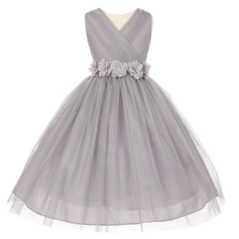 Big Girls Silver Chiffon Flowers Shiny Tulle Junior Bridesmaid Dress 8-14