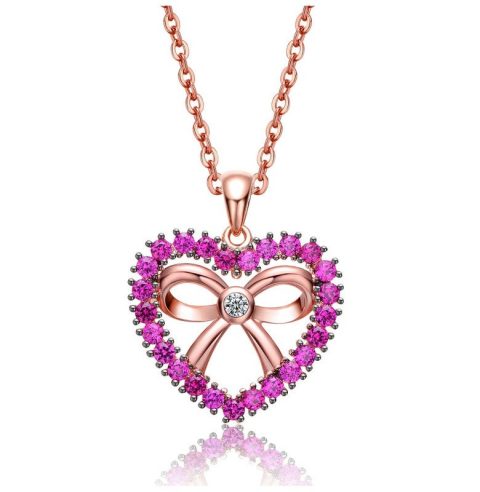 18K Rose Gold Plated Heart Shaped Pendant Necklace with Clear Cubic Zirconia for Kids/Girls