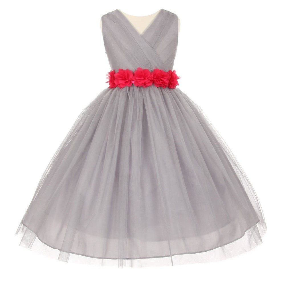 Little Girls Silver Fuchsia Chiffon Floral Sash Tulle Flower Girl Dress 2-6
