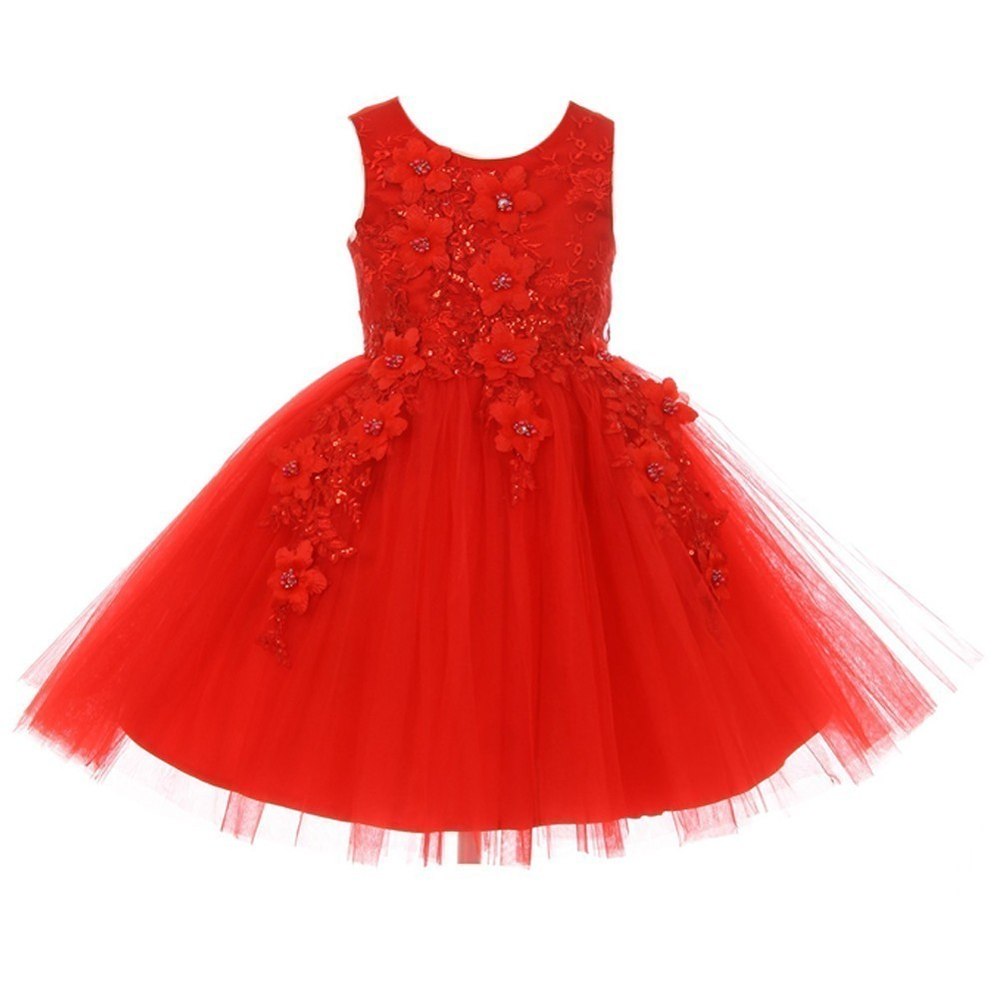 Little Girls Red 3D Floral Appliques Soft Tulle Flower Girl Dress 2-6