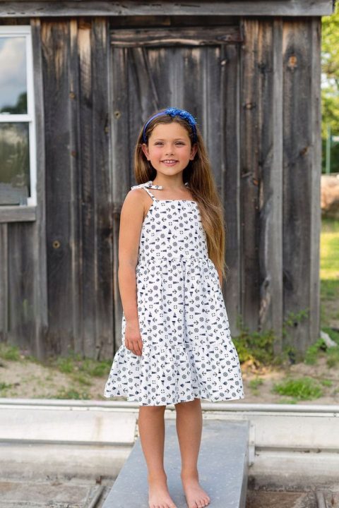 Girls White Nautical Print Shoulder Tie Cotton Dress, Sizes 2-14