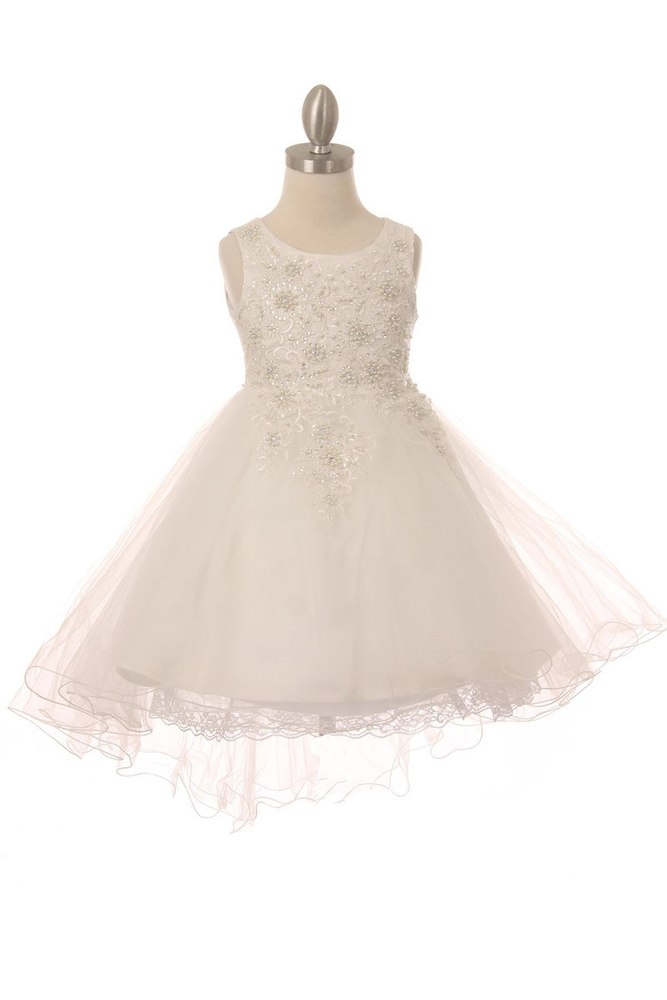 Girls White Rhinestone Pearl Wired Tulle Hi-Low Flower Girl Dress 2-12