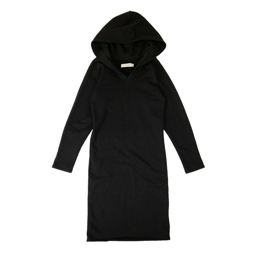 Women’s Black Cotton Long Sleeve Hooded Midi Dress