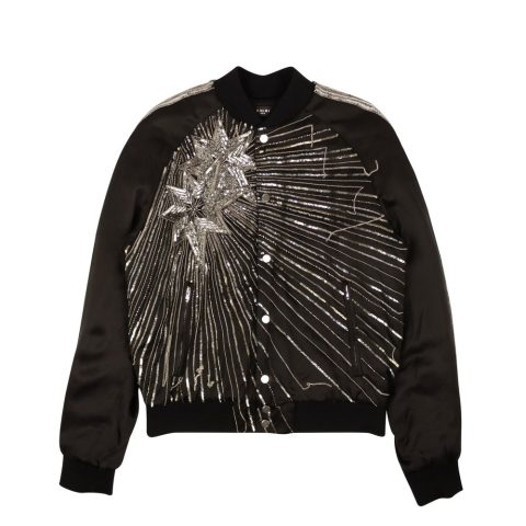 Black Viscose Beaded Star Design Bomber Jacket