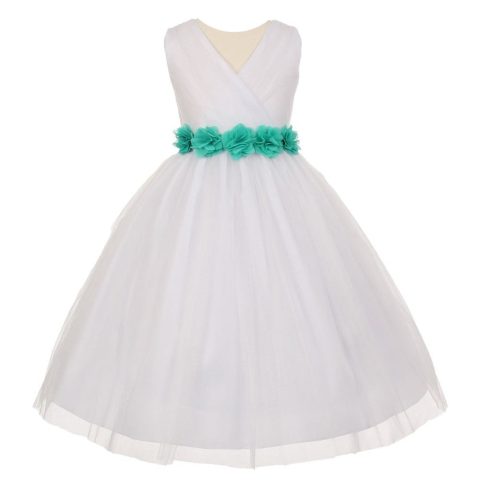 Big Girls White Jade Chiffon Flowers Tulle Junior Bridesmaid Dress 8-14